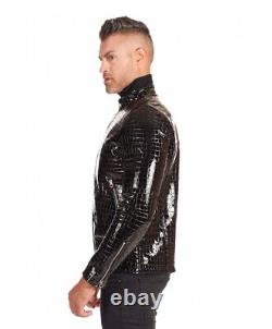 Abez Men's Shiny Black Patent Crocodile Embossed Motorcycle Biker Leather Jacket