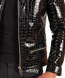 Abez Men's Shiny Black Patent Crocodile Embossed Motorcycle Biker Leather Jacket
