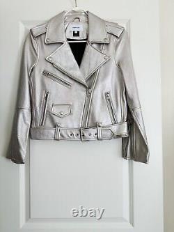 CURRENT/ELLIOTT The Shaina Metallic Silver Leather Biker Jacket Size 1 S