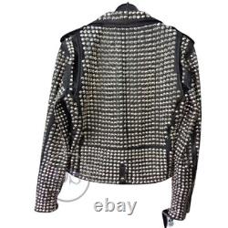 Handmade Men's Black Genuine Leather Silver Full Studded Fashion Zipper Jacket