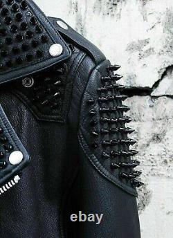 Men Full Punk Black Metal Spiked Studded Real Leather Biker Jacket 2XL USA ONLY