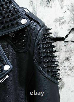 Men Full Punk Black Metal Spiked Studded Real Leather Biker Jacket with pockets