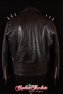 Men's GHOST RIDER Black METAL SPIKES Motorcycle Motorbike Biker Leather Jacket