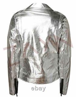 Men's Genuine Leather Metallic Silver Motorcycle Jacket Belted Biker Jacket Coat