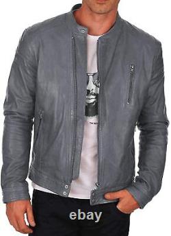 Men's Handmade Genuine NAPA Biker 100% Leather Jacket Trendy Grey Outdoor Zipper