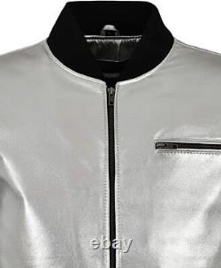 Men's Real Leather Shinny Silver Metallic Foil Jacket Bomber Biker Jacket 121