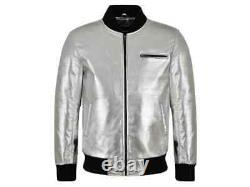 Men's Real Leather Shinny Silver Metallic Foil Jacket Bomber Biker Jacket Coat