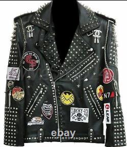 Mens Punk Rock Full Metal Spiked Studded Patches Chain Black Leather Jacket
