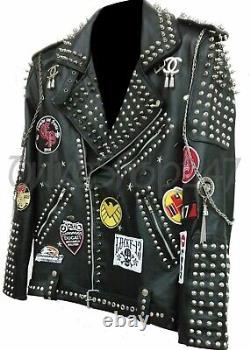 Mens Punk Rock Full Metal Spiked Studded Patches Chain Black Leather Jacket