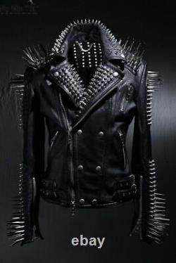 Mens Rock Full Metal Spiked Studded Black Leather Jacket, Veste en cuir homme
