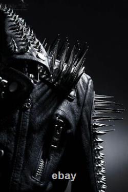 Mens Rock Full Metal Spiked Studded Black Leather Jacket, Veste en cuir homme