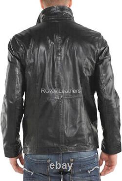 NEW Classic Men Authentic Cow Hide Real Leather Black Biker Collared Zipper Coat