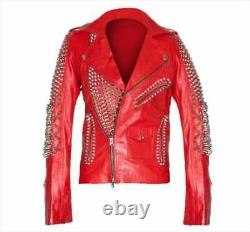 New Men Simple Silver Studded Red Biker Leather Jacket, men leather jacket, gift