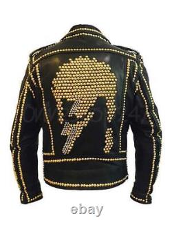 New Philip Plein Golden Studded Black Leather Jacket with Skull Back, luxury