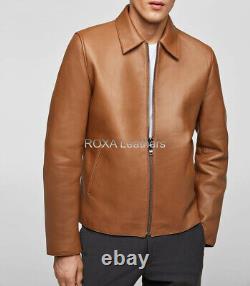 URBAN Men Genuine Lambskin Real Leather Jacket Biker Tan Elegant Collar Zip Coat