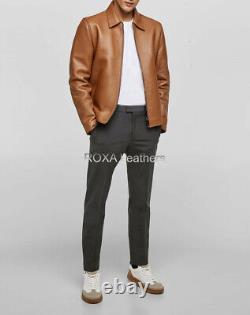 URBAN Men Genuine Lambskin Real Leather Jacket Biker Tan Elegant Collar Zip Coat
