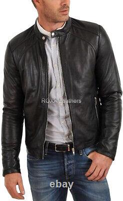 URBAN NEW Men Genuine Cowhide Real Leather Handmade Black Motorcycle Zipper Coat