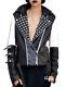 Women Leather Jacket White Black Full Silver Studded Zipper Punk Leather Jacket